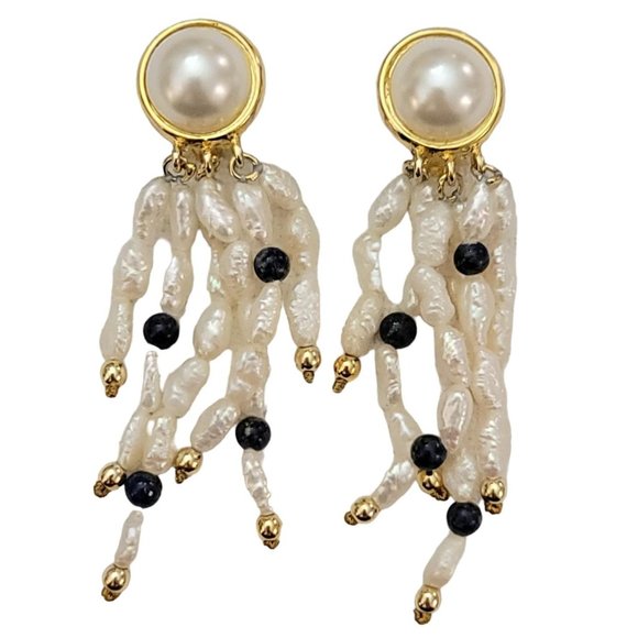 Gold Tone Rice Pearl Lapis Beads Dangle Clip-On Earrings, K873 - Picture 5 of 5